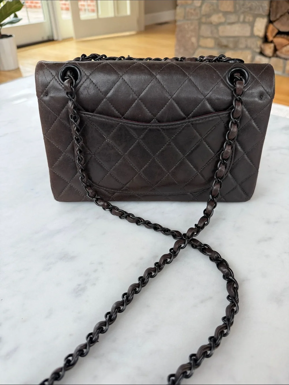 CHANEL Quilted Double Flap Shoulder Bag in Dark Brown